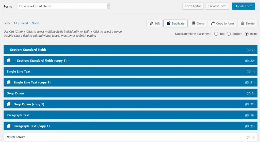 Screenshot of Bulk Actions Gravity Form overview after duplicating Fields. 