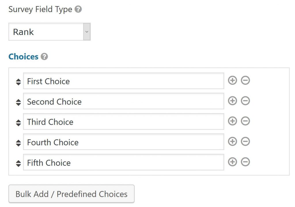 Screenshot of the Rank Survey Field in Gravity Forms, setting the Choices. 