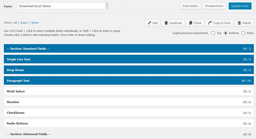 Screenshot of selecting multiple Gravity Forms Fields at once with CTRL pressed, so you can duplicate the fields or drag them to another position in the Gravity Form. 