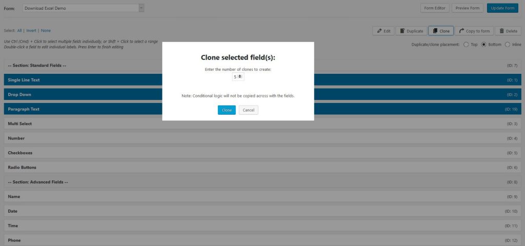 Screenshot of cloning multiple Gravity Forms Fields multiple times. 