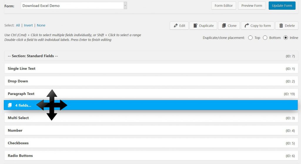 Screenshot of dragging and repositioning multiple Gravity Forms fields at the same time. 