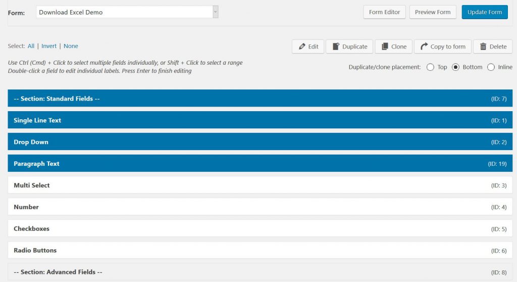 Screenshot of duplicating multiple Gravity Forms Fields at the same time. 