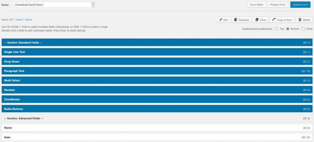 Screenshot of selecting multiple Gravity Forms in one time while holding the CTRL-key. 