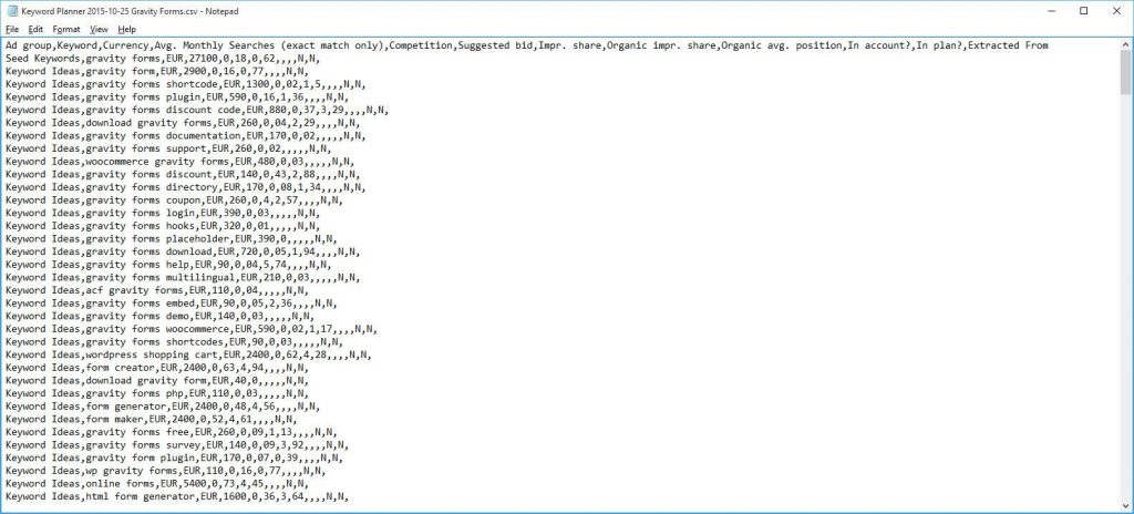 Screenshot of the CSV file opened in Notepad (to check the structure)