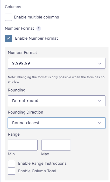 Screenshot Gravity Forms List Field Settings with Number Format enabled, rounding options and rounding direction, Range Min / Max, Range instructions and Column Total.