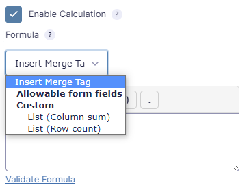 Screenshot with an example of the Merge Tags available for calculations: Column Total (per column) and Row count (number of rows). 