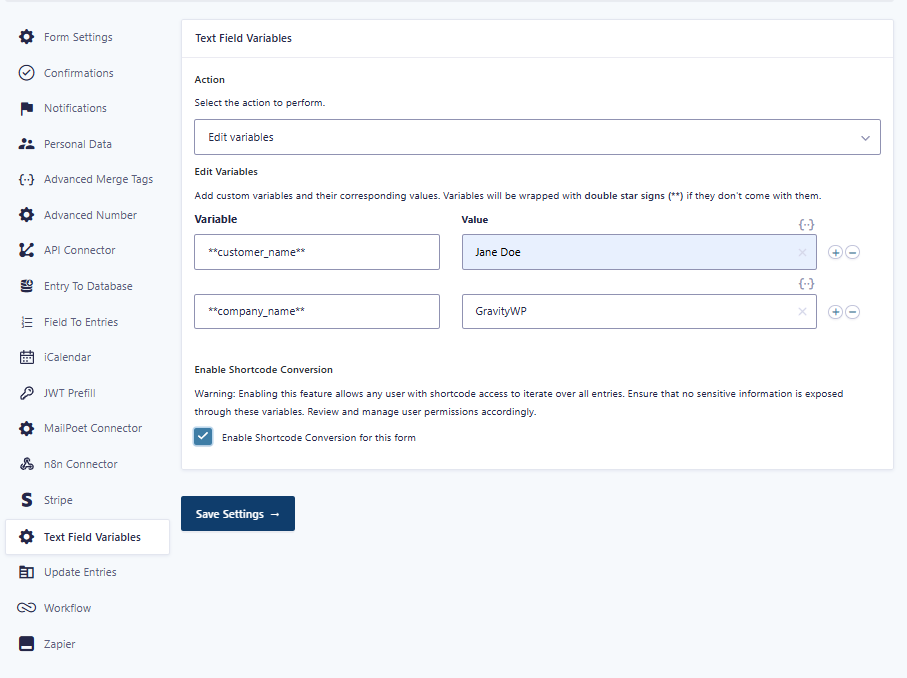 Text Field Variables Gravity Forms feed settings