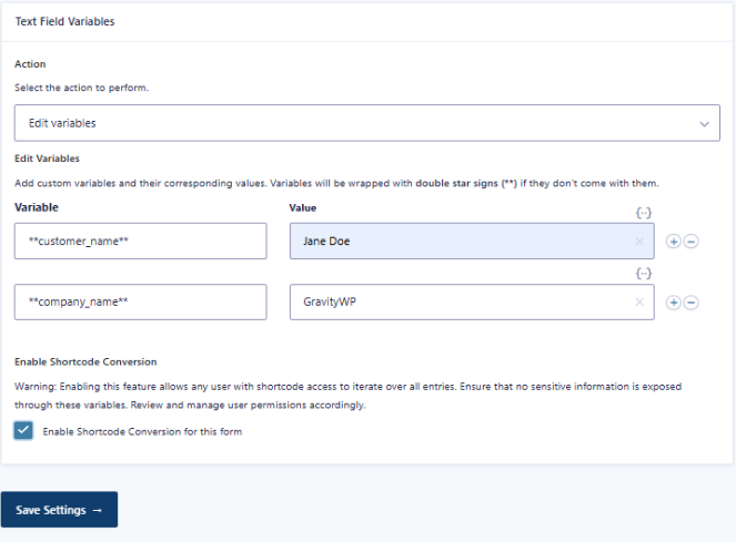 Text Field Variables settings for Gravity Forms custom placeholders