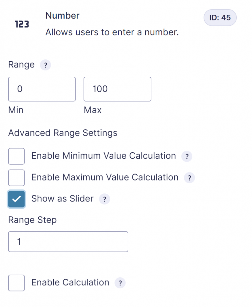 Screenshot of Advanced Range Settings with Show as Slider enabled. 