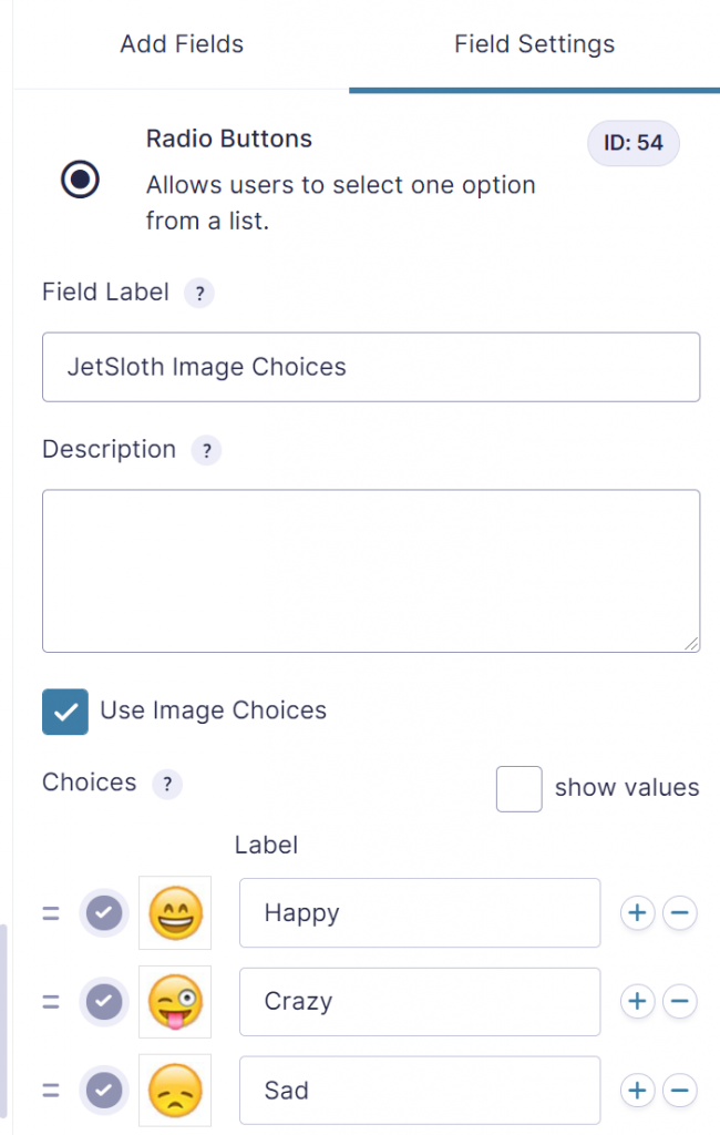 Screenshot of Settings of a Gravity Forms Radio Buttons Field with Image Choices enabled.  Gravity Forms 2.5 and later 