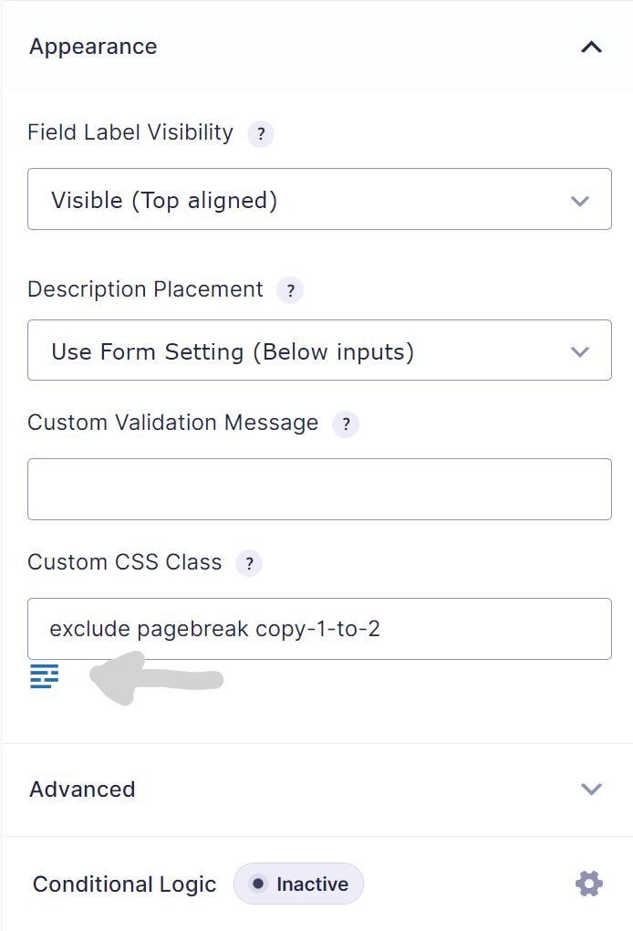 Screenshot of the CSS Selector button in Appearance in Gravity Forms 2.5 and later