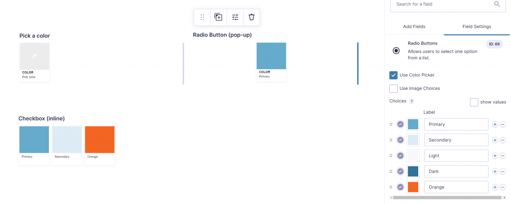 Screenshot of Jetsloth Gravity Forms Color Picker Field applied to Radio Buttons (picking one color out of five predefined colors). Gravity Forms 2.5 and later