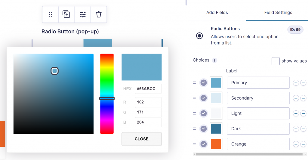 Screenshot exampe of picking a color inside a Radio Button choice in Gravity Forms. Gravity Forms 2.5 and later