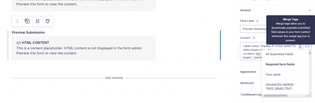 Screenshot of adding and using Merge Tags to preview in the current form. Gravity Forms 2.5 and later