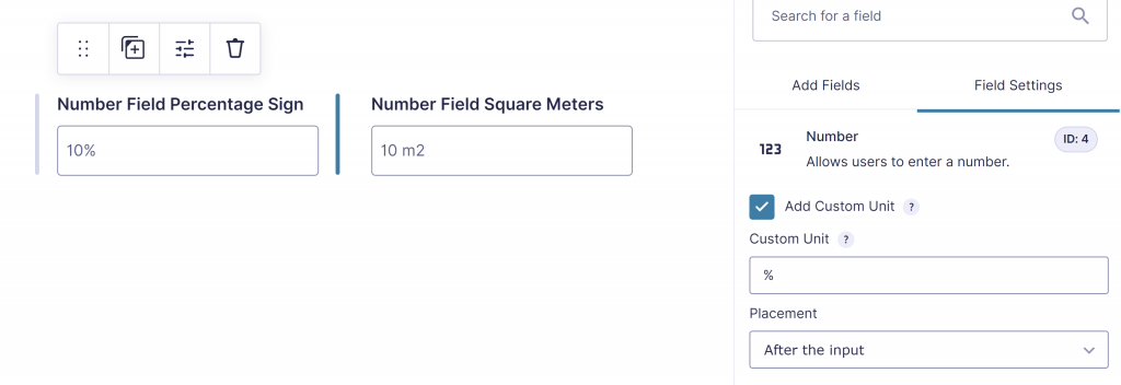 Screenshot of the Add Custom Unit settings in a Gravity Forms Number Field (when Advanced Number Field Add-on is enabled), defining as Custom Unit the percentage (%) sign and placing in After the input. 