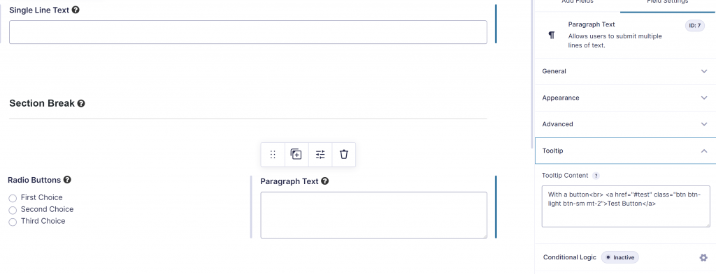 Screenshot example of adding Tooltip Content to a Paragraph Text Field in Gravity Forms with HTML inside the Tooltip. 