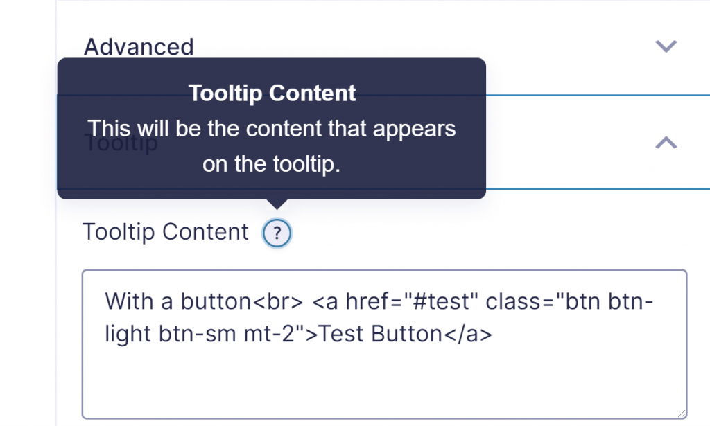 Screenshot of the Tooltip Content with a HTML button added. 