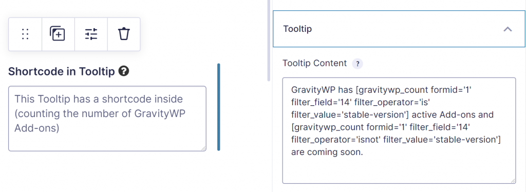 Screenshot of adding a Tooltip with a shortcode inside the Tooltip Content, in this case to show a count of entries inside the Tooltip. 