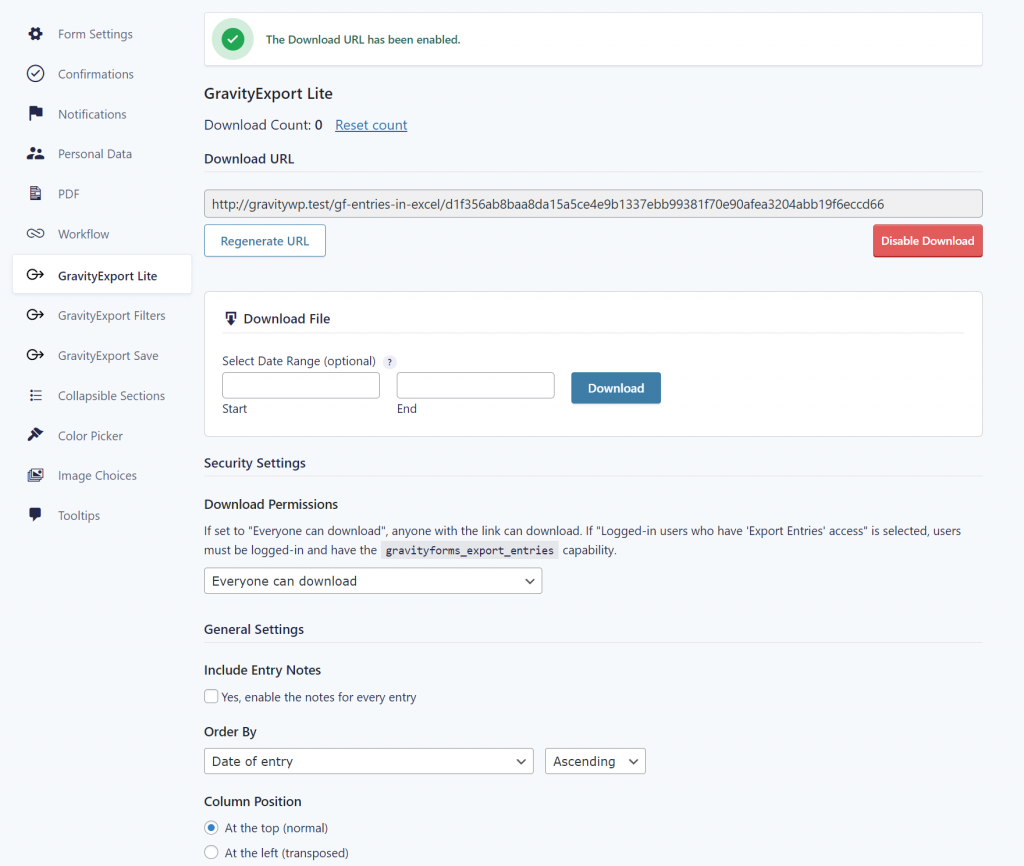 Configuring the GravityExport download url, defining an optional Date Range, selecting Download Permissions, choosing to include Entry Notes or not, setting the Order By field (ASC or DESC) and setting the Column Position (Top or Left/Transposed)