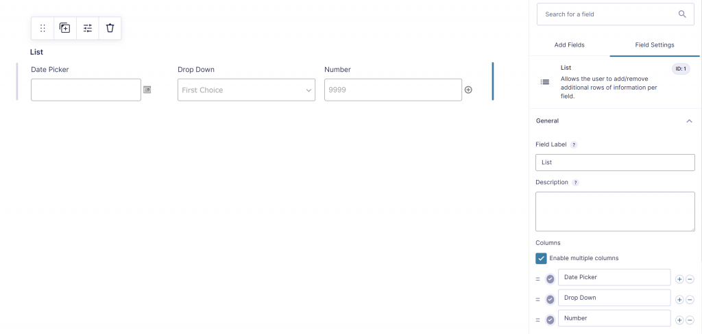 Screenshot of Gravity Form with a List Field with multiple columns and Date Field, Drop Down and Number Format enabled. 