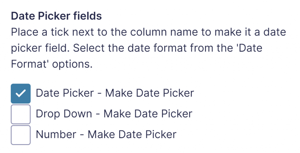 Screenshot of enabling Date Picker in Gravity Forms List Field. 