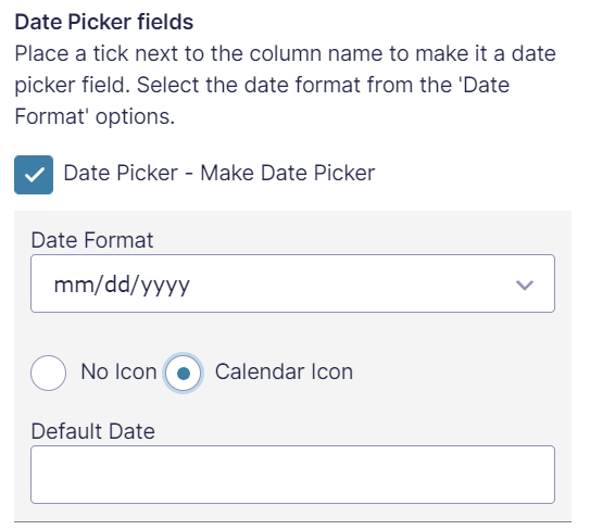 Screenshot of available settings for the Date Picker inside a Gravity Forms List Field. 