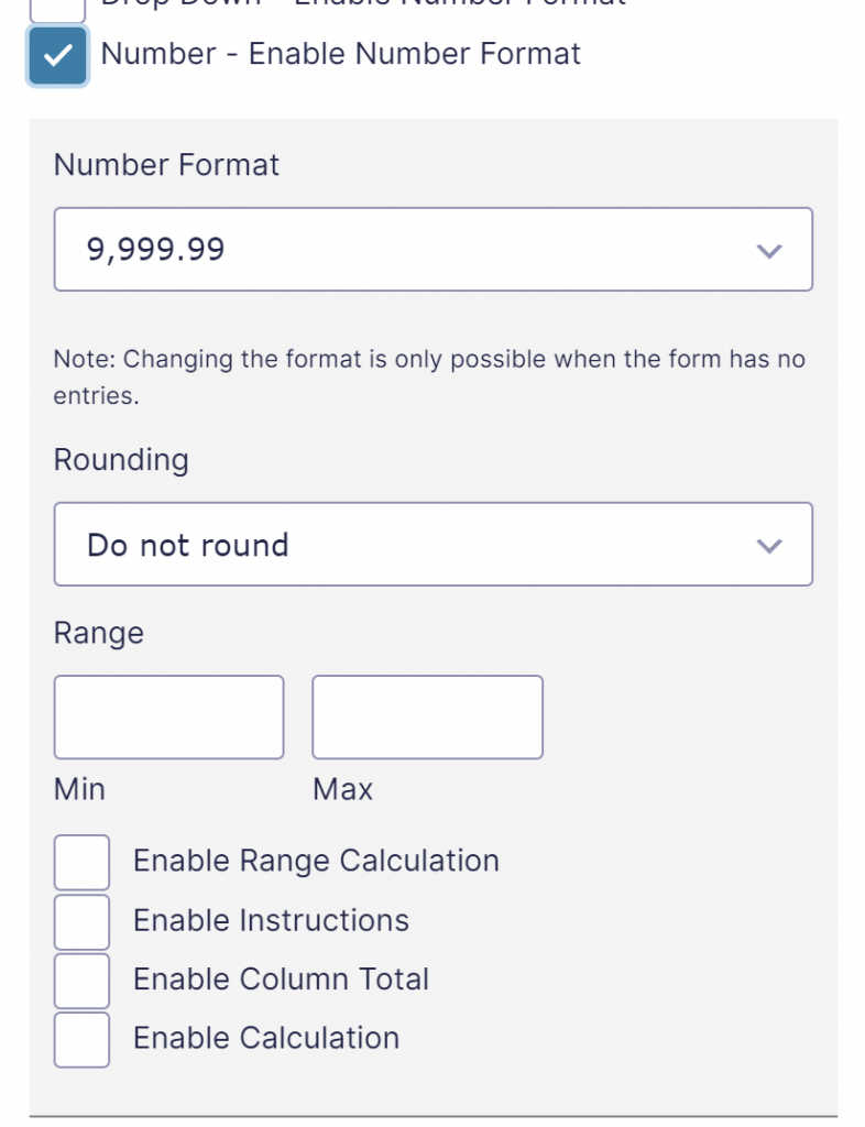 Screenshot of enabling and configuring the Number Format for a Gravity Forms List Field. Setting Number Format, Rounding, Range Min / Max, Enabling Range Calculation, Enable Instructions, Enable Column Total and Calculation. 