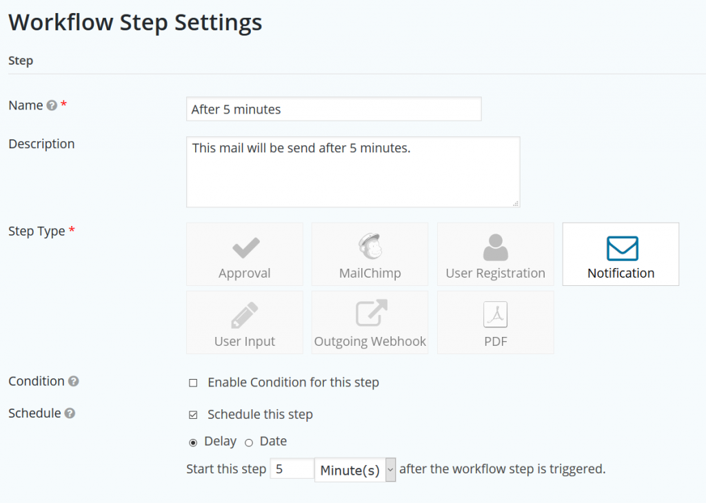 Screenshot of Gravity Forms Notification Step with Scheduling set to delay 5 minutes. 