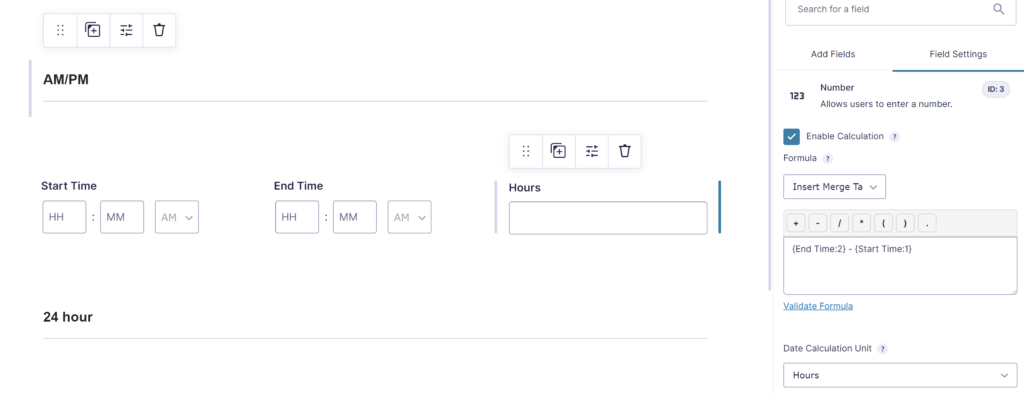 Screenshot example of Enabling Calculation with End Time and Start Time as Merge Tags and setting the Date Calculation Unit.