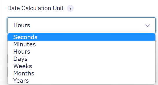 Screenshot of the Date Calculation Units available (Seconds, Minutes, Hours, Days, Weeks, Months, Years)