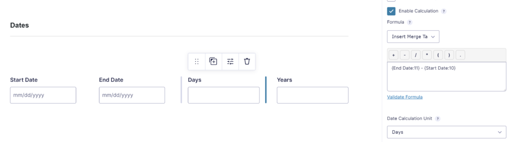 Screenshot example of Enabling Calculation with End Date and Start Date as Merge Tags and setting the Date Calculation Unit.