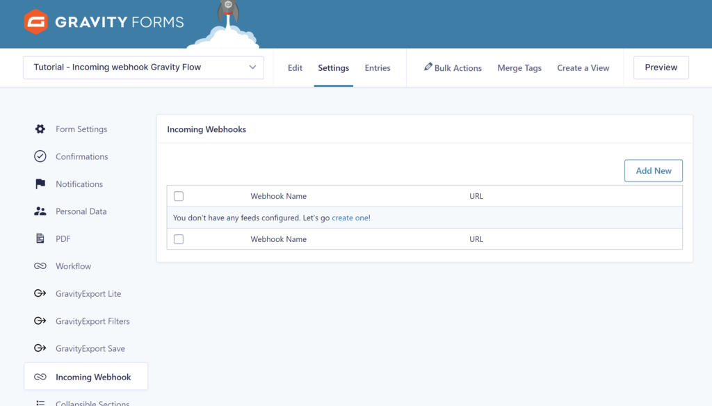 Screenshot of the Gravity Flow Incoming Webhook Form Settings. 