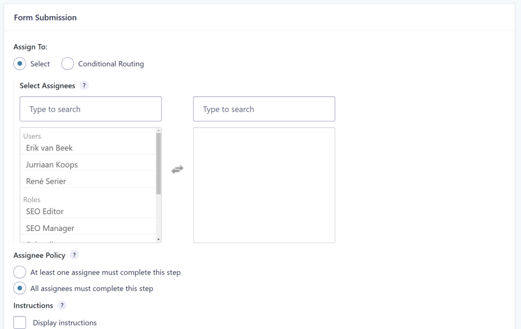 Example screenshot of assigning a Gravity Flow Form Submission Step to a specific user 