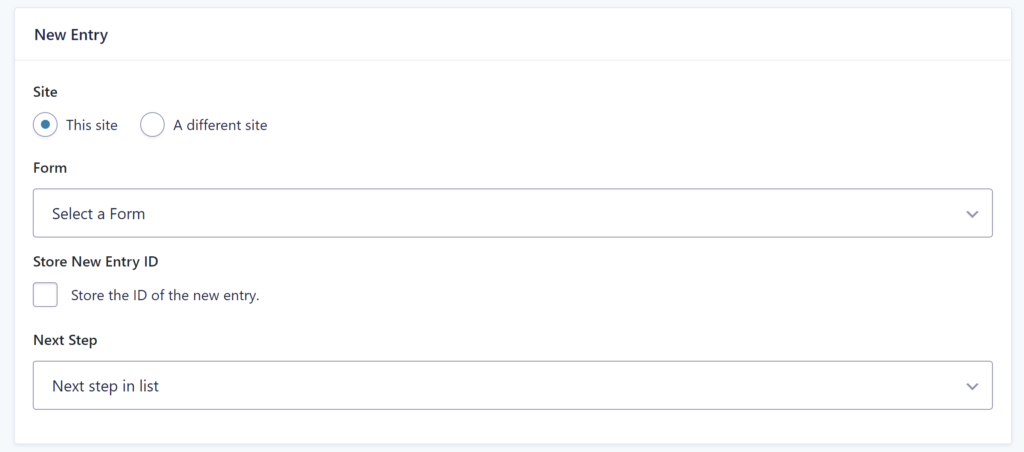Screenshot of configuring the Gravity Flow New Entry Step, connecting it to a Gravity Form where the new entry should be created.