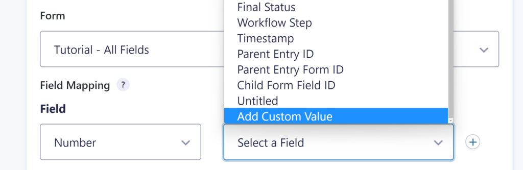 Screenshot of Field Mapping with a Custom Value in the Gravity Flow New Entry Step.