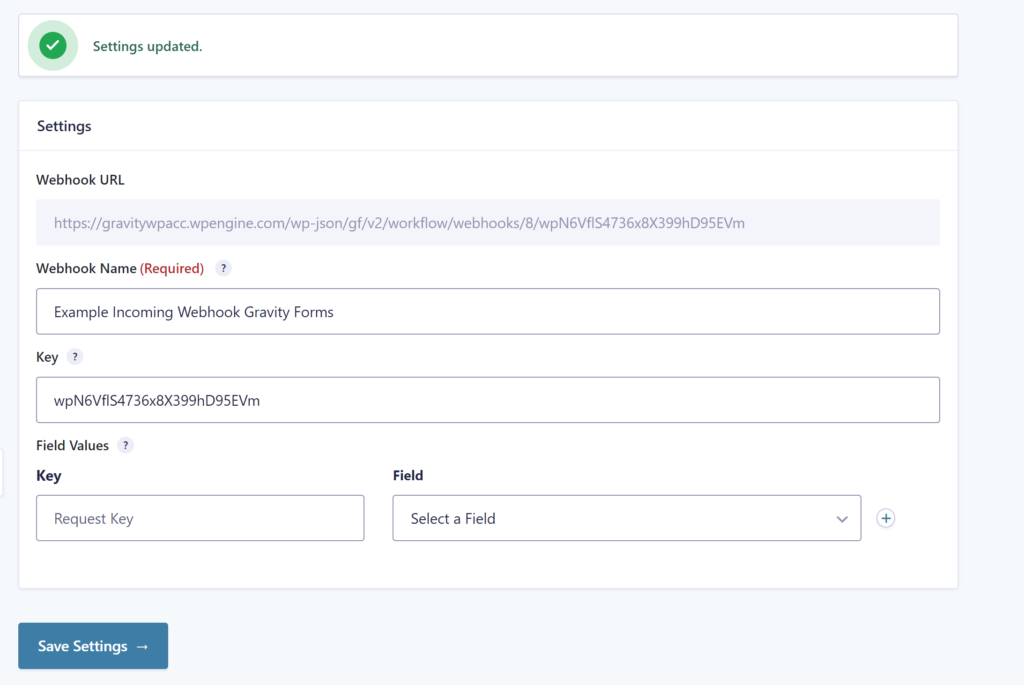 Screenshot of the Incoming Webhook settings after saving for the first time. A Webhook URL is available. 