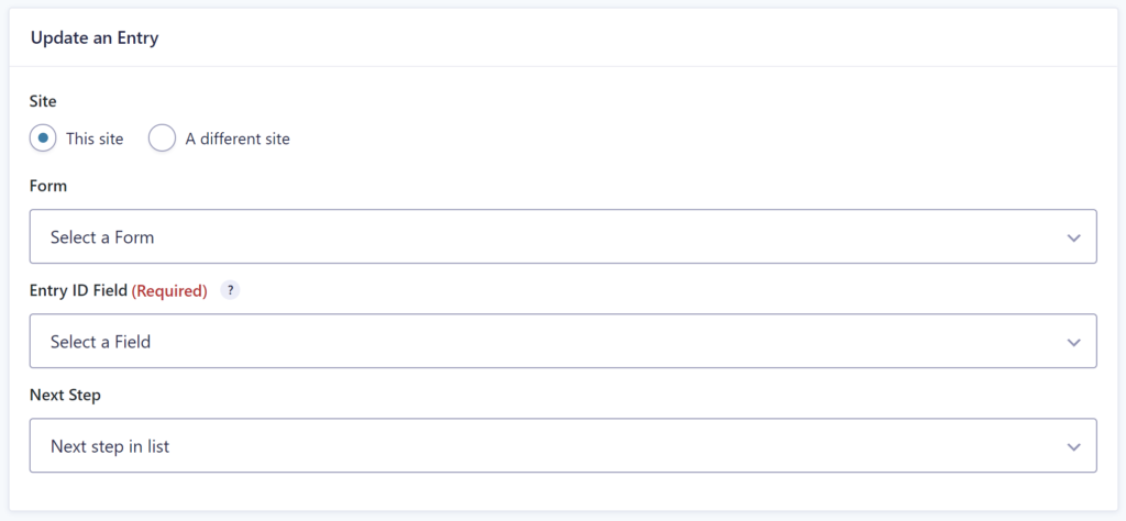 Screenshot of configuring the Gravity Flow Update an Entry Step: selecting a Form and an Entry ID Field. 