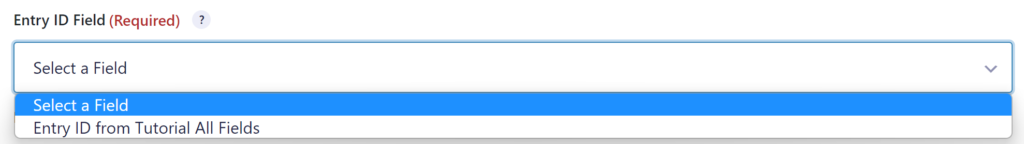 Screenshot selecting a Field which contains the Entry ID of the Entry that should be updated in the Gravity Flow Update an Entry Step.