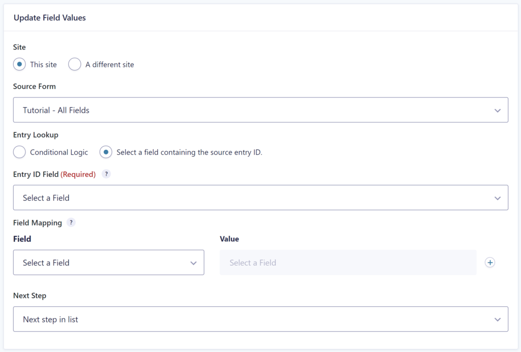 Screenshot of configuring the Gravity Flow Update Fields Step, selecting a Source Form, deciding about Entry Lookup (selecting a field containing the source entry ID). 