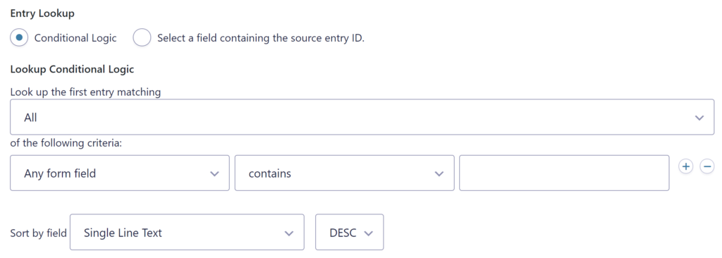 Screenshot with an example of the Lookup Conditional Logic, where the entry ID for the Source Entry is found by a filter. 