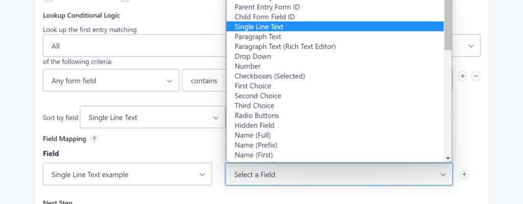 Screenshot of Field Mapping in the Gravity Flow Update Fields Step.