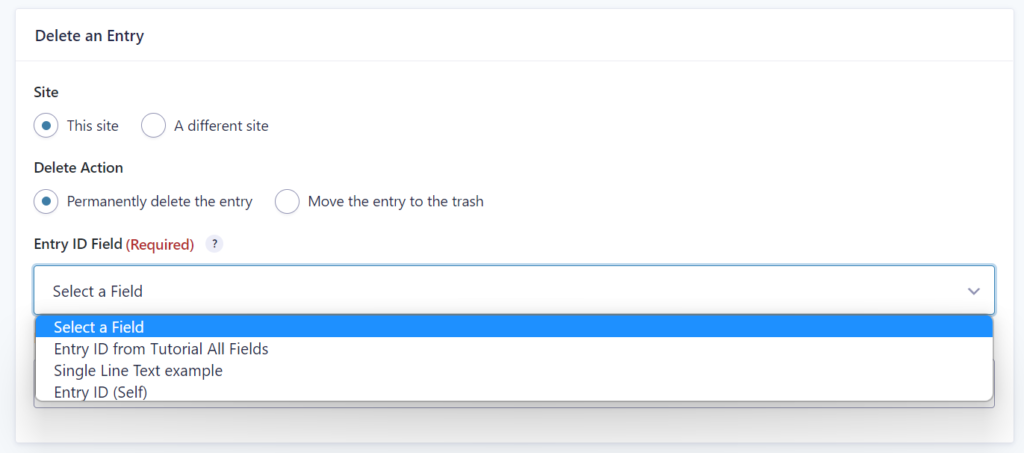 Screenshot of selecting the Field which contains the Entry ID of the Entry that should be deleted in the Gravity Flow Delete an Entry Step. 