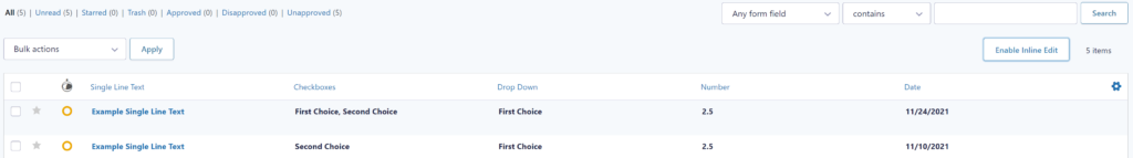 Screenshot of the Gravity Forms Entries page with the button Enable Inline Edit visible in the right corner above the list. 
