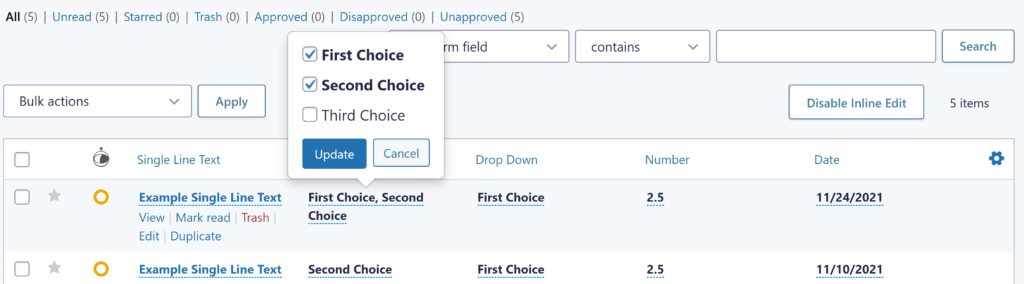 Screenshot of changing or selecting an individual Checkbox field inline. 