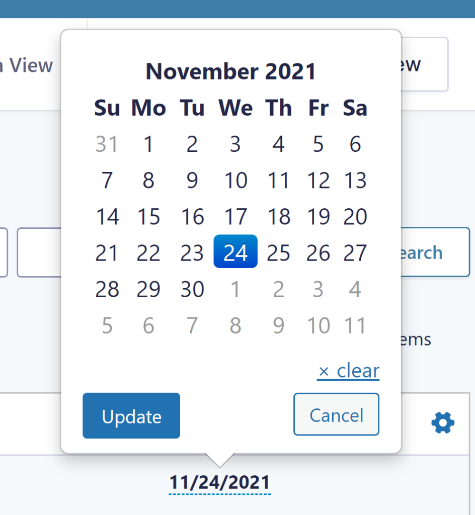 Screenshot of selecting a Date Field value inline. 