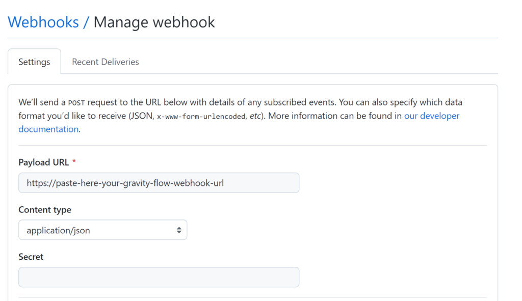 Screenshot of the Github Webhook Manage Settings. Payload URL is the Webhook URL generated by Gravity Flow. 