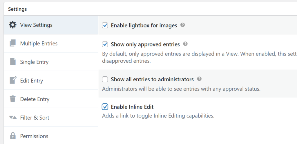 Screenshot of View Settings with Enable Inline Edit enabled. 