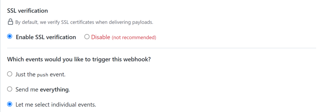 Screenshot of SSL verification settings and on which events the Github action should trigger (send data to the Gravity Flow incoming Webhook)