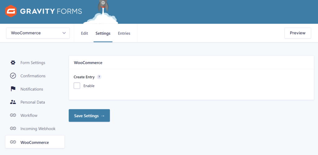 Screenshot of Settingspage WooCommerce Add-on Gravity Forms. 