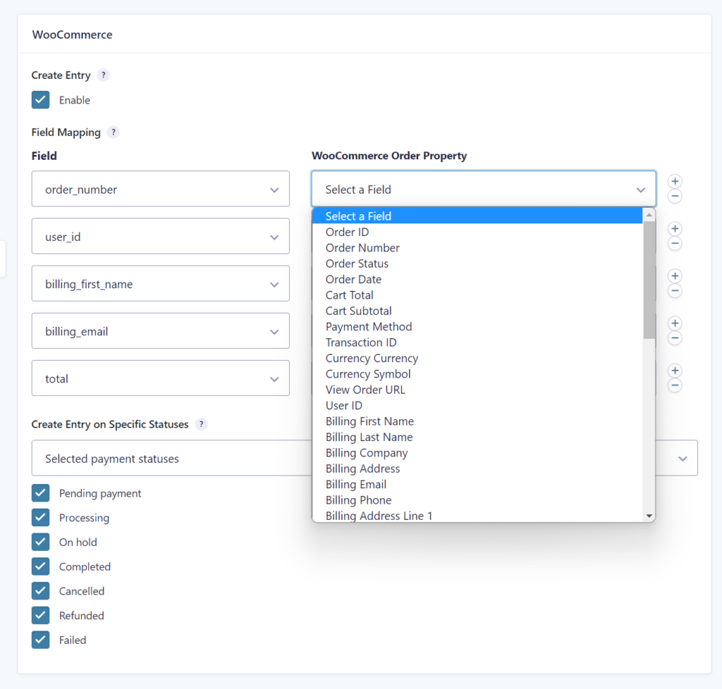 Screenshot of mapping Gravity Form Fields to WooCommerce Order Properties. 